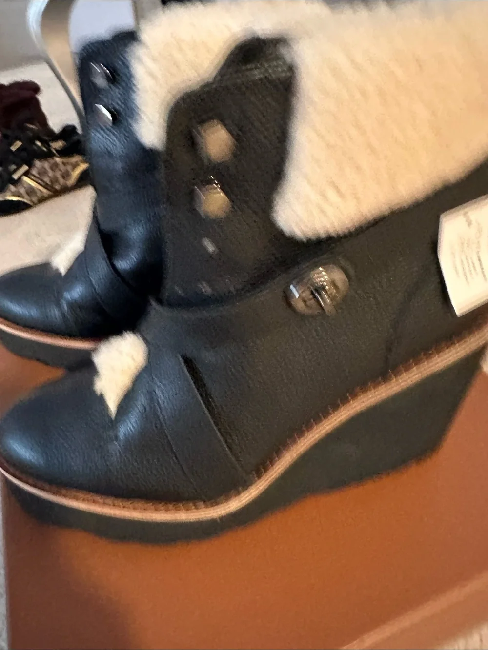 Coach Black Wedge Ankle Boots with Cream Shearling Trim